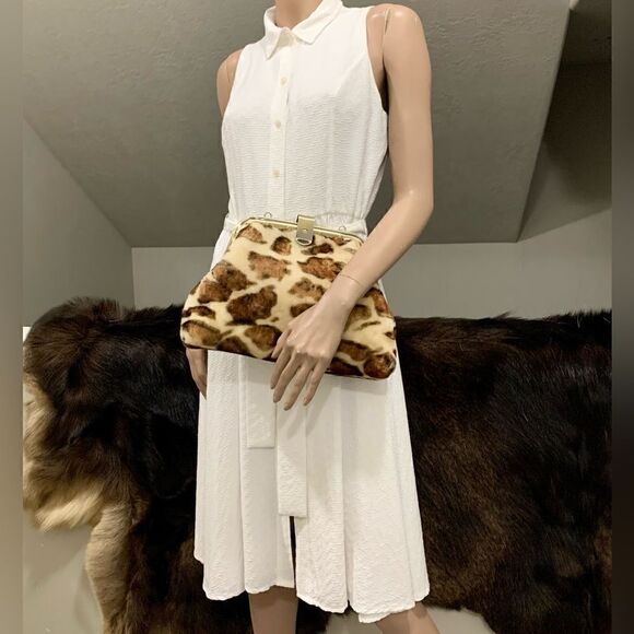 Leopard Print Handmade Real Shearling Leather Chic Metal Frame Push Lock Purse - Picture 5 of 16